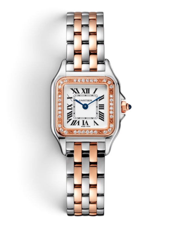21 Cartier Panthère Rosado Brillos: esfera blanca con números romanos, bisel rosado con piedras brillantes y pulsera bicolor