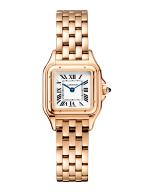 24 Cartier Panthère Rosegold: esfera blanca con números romanos, caja cuadrada y pulsera de eslabones cuadrados en tono rosegold
