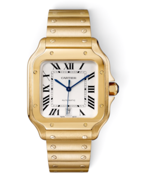 17 Cartier Santos Dorado: esfera blanca con números romanos y fecha a las 6, caja dorada con tornillos y pulsera dorada
