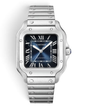 11 Cartier Santos Plateado Azul: esfera azul degradada con números romanos, tornillos visibles en el bisel y pulsera plateada con tornillos