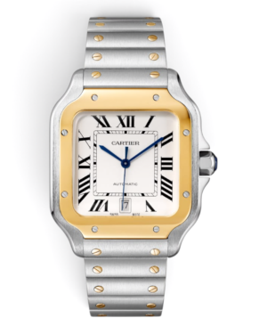 15 Cartier Santos Plateado Dorado: esfera blanca con números romanos y fecha a las 6, bisel dorado con tornillos y pulsera bicolor