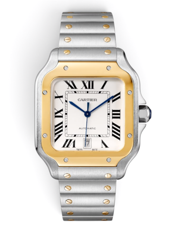 15 Cartier Santos Plateado Dorado: esfera blanca con números romanos y fecha a las 6, bisel dorado con tornillos y pulsera bicolor