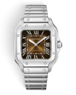 13 Cartier Santos Plateado Marrón: esfera marrón degradada con números romanos, tornillos visibles en el bisel y pulsera plateada