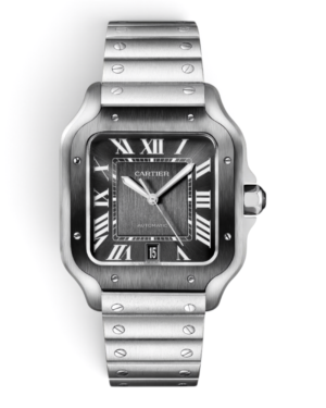 14 Cartier Santos Plateado Negro: esfera gris oscuro con números romanos y fecha a las 6, bisel oscuro con tornillos y pulsera con tornillos