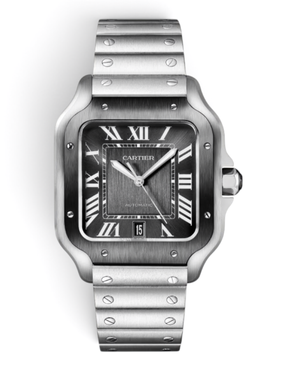 14 Cartier Santos Plateado Negro: esfera gris oscuro con números romanos y fecha a las 6, bisel oscuro con tornillos y pulsera con tornillos