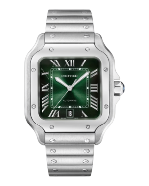 18 Cartier Santos Plateado Verde: esfera verde degradada con números romanos y fecha a las 6, bisel con tornillos y pulsera plateada