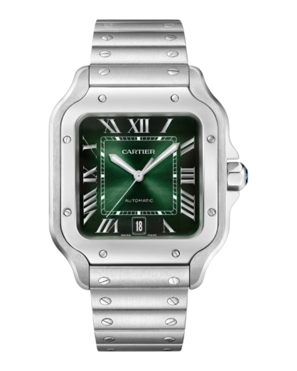 18 Cartier Santos Plateado Verde: esfera verde degradada con números romanos y fecha a las 6, bisel con tornillos y pulsera plateada