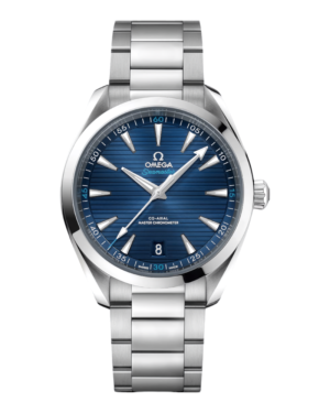 OM7 Omega Aqua Terra Azul: esfera azul con líneas horizontales, índices alargados y fecha a las 6