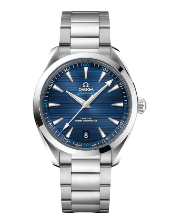 Omega Aqua Terra Azul: esfera azul con líneas horizontales, índices alargados y fecha a las 6