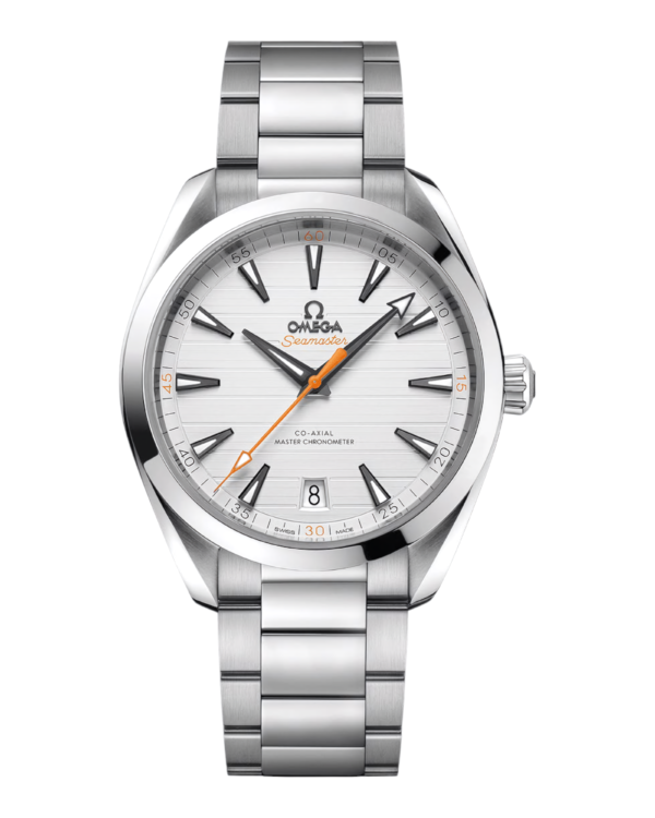 OM19 Omega Aqua Terra Blanco: esfera blanca con líneas horizontales, aguja naranja y fecha a las 6