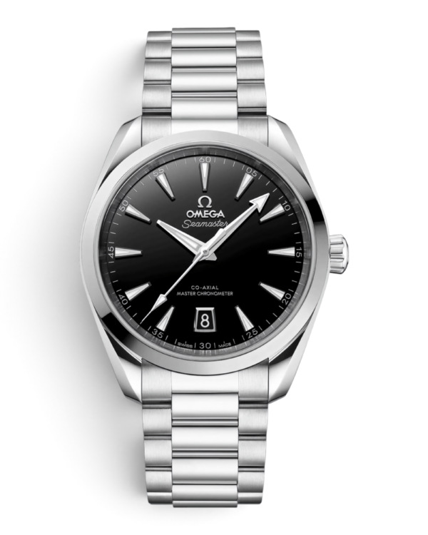 OM9 Omega Aqua Terra Negro: esfera negra con índices alargados, fecha a las 6 y pulsera de eslabones