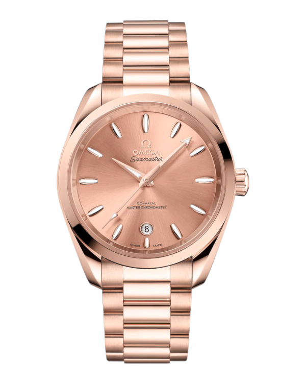 OM1 Omega Aqua Terra Rosegold: esfera rosegold con índices alargados, ventana de fecha a las 6 y pulsera rosegold
