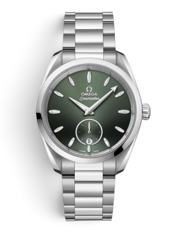 OM11 Omega Aqua Terra Verde: esfera verde degradada con índices alargados y subesfera con fecha a las 6