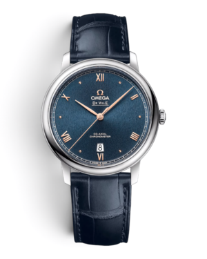 OM3 Omega De Ville Azul: esfera azul con números romanos, fecha a las 6 y correa azul con textura
