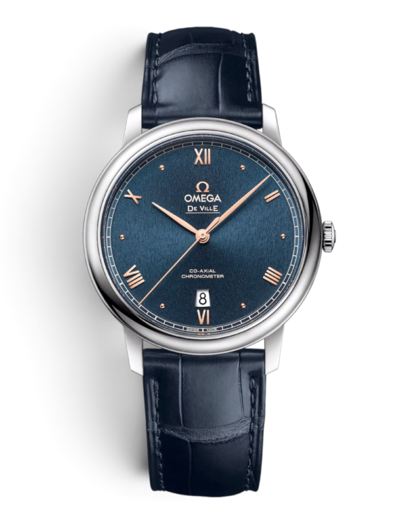 Omega De Ville Azul: esfera azul con números romanos, fecha a las 6 y correa azul con textura