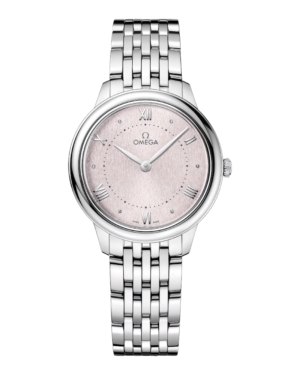 OM2 Omega De Ville Rosado: esfera rosada pálida con números romanos y pulsera de eslabones finos