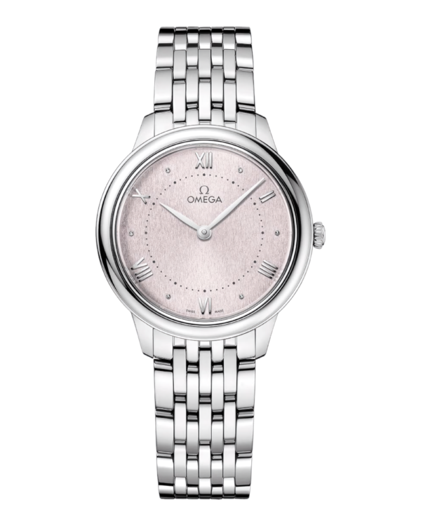 OM2 Omega De Ville Rosado: esfera rosada pálida con números romanos y pulsera de eslabones finos