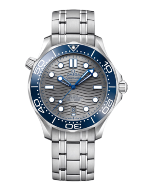 OM22 Omega Diver 300M Azul: esfera gris plateada con patrón de olas, bisel azul y pulsera de eslabones
