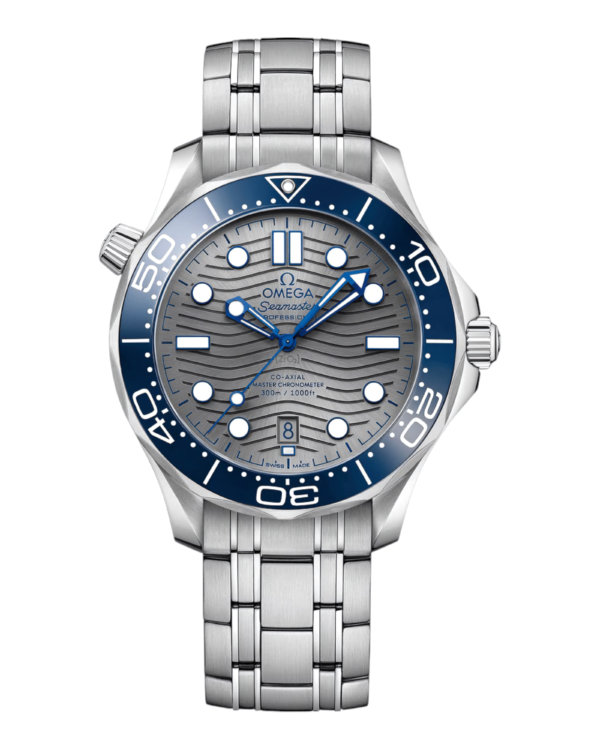 OM22 Omega Diver 300M Azul: esfera gris plateada con patrón de olas, bisel azul y pulsera de eslabones