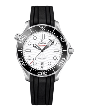 OM21 Omega Diver 300M Blanco: esfera blanca con patrón de olas, bisel negro y correa negra