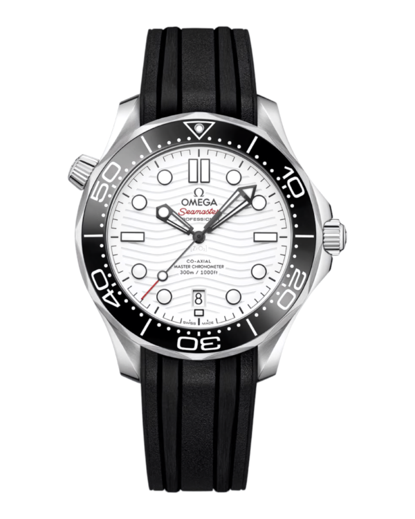 OM21 Omega Diver 300M Blanco: esfera blanca con patrón de olas, bisel negro y correa negra