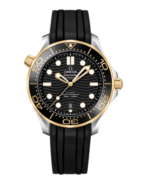 OM24 Omega Diver 300M Dorado: esfera negra con patrón de olas, bisel negro con aro dorado y correa negra