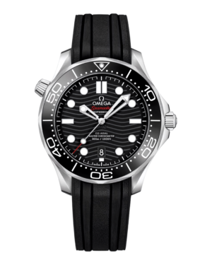 OM25 Omega Diver 300M Negro: esfera negra con patrón de olas, bisel negro numerado y correa negra