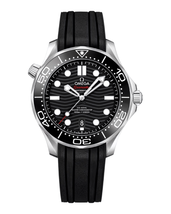 OM25 Omega Diver 300M Negro: esfera negra con patrón de olas, bisel negro numerado y correa negra