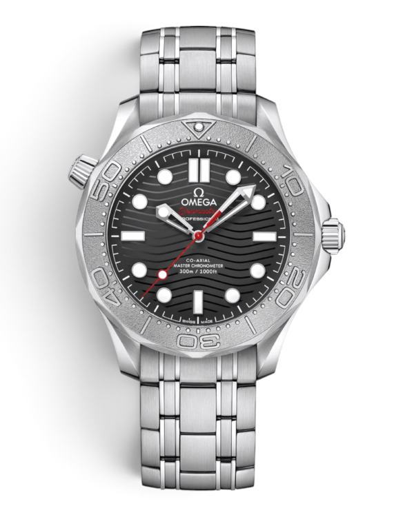 OM32 Omega Diver 300M Nekton: esfera negra con patrón de olas, bisel plateado texturizado y pulsera de eslabones