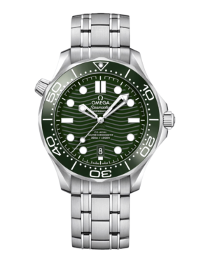 OM26 Omega Diver 300M Verde: esfera verde con patrón de olas, bisel verde numerado y pulsera de eslabones