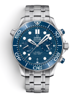 OM39 Omega Diver Cronógrafo Azul: esfera azul con patrón de olas, dos subesferas, bisel azul y pulsadores azules