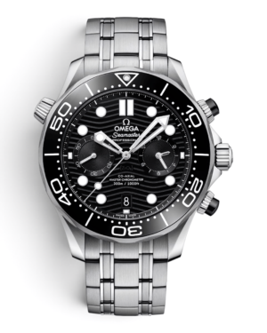 OM50 Omega Diver Cronógrafo Negro: esfera negra con patrón de olas, dos subesferas, bisel negro y pulsadores negros