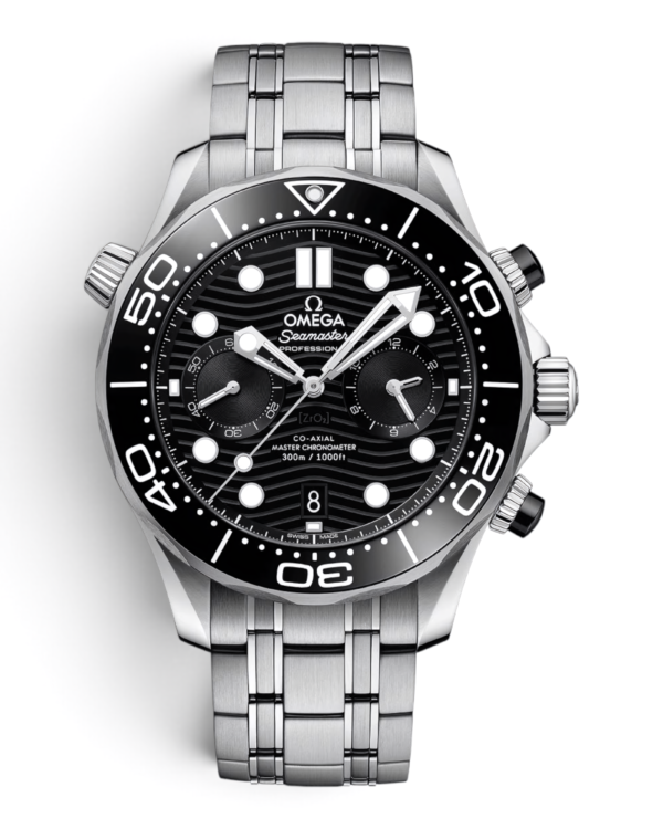 OM50 Omega Diver Cronógrafo Negro: esfera negra con patrón de olas, dos subesferas, bisel negro y pulsadores negros