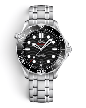 OM30 Omega Diver Negro Pulsera: esfera negra con patrón de olas, bisel negro numerado y pulsera de eslabones