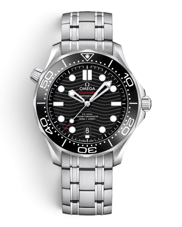 OM30 Omega Diver Negro Pulsera: esfera negra con patrón de olas, bisel negro numerado y pulsera de eslabones