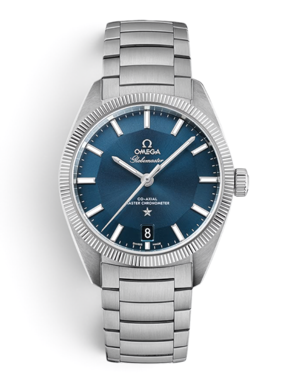 OM13 Omega Globemaster Plateado Azul: esfera azul con estrella a las 6, bisel estriado plateado y pulsera de eslabones