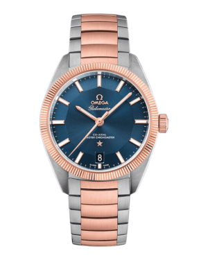 OM10 Omega Globemaster Rosegold Azul: esfera azul con estrella a las 6, bisel estriado rosegold y pulsera bicolor