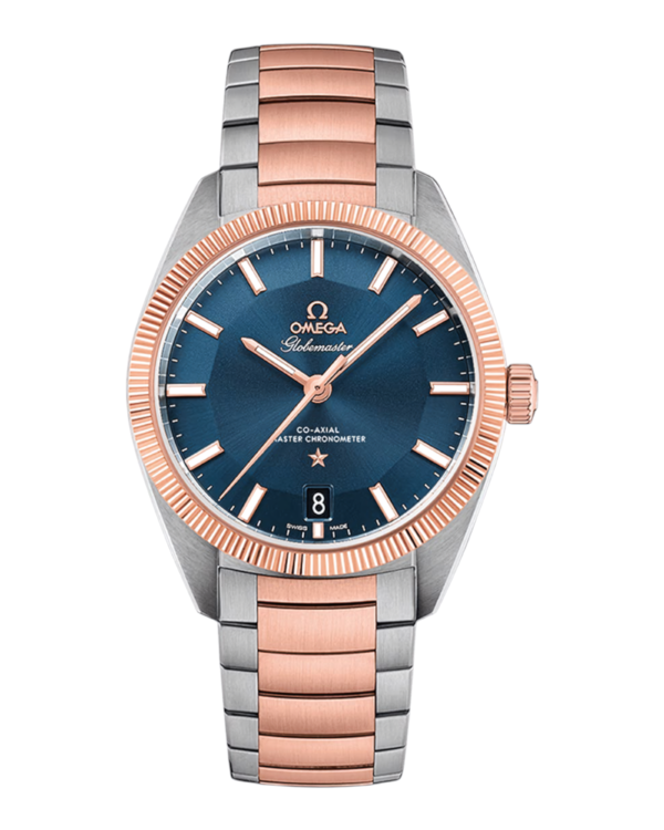 OM10 Omega Globemaster Rosegold Azul: esfera azul con estrella a las 6, bisel estriado rosegold y pulsera bicolor