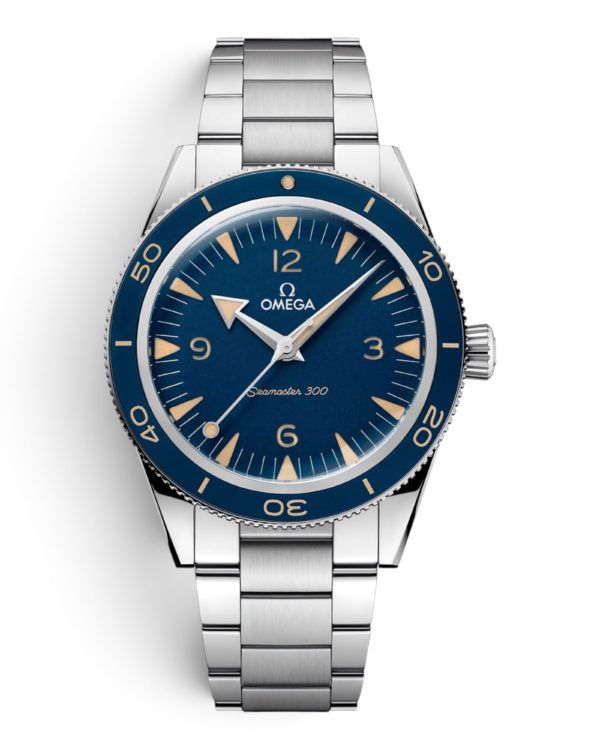 OM15 Omega Seamaster 300 Azul: esfera negra con números 12, 3, 6 y 9, bisel azul con escala beige y pulsera de eslabones