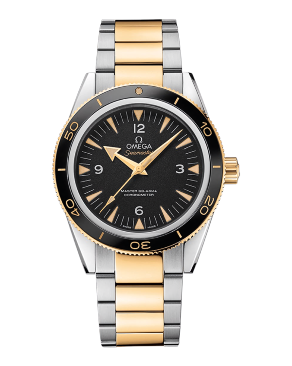 Omega Seamaster 300 Dorado: esfera negra con números 12, 3, 6 y 9, bisel negro con detalles dorados y pulsera bicolor