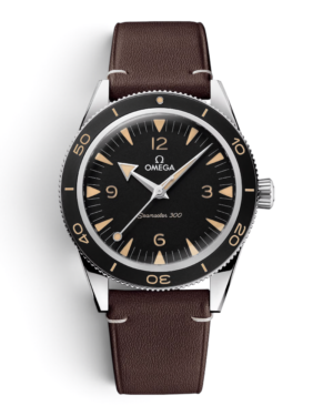 OM12 Omega Seamaster 300 Marrón: esfera negra con números 12, 3, 6 y 9, bisel negro y correa marrón