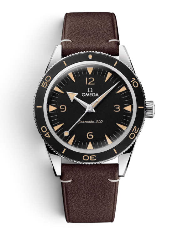 OM12 Omega Seamaster 300 Marrón: esfera negra con números 12, 3, 6 y 9, bisel negro y correa marrón