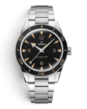 OM14 Omega Seamaster 300 Negro: esfera negra con números 12, 3, 6 y 9, bisel negro con escala beige y pulsera de eslabones