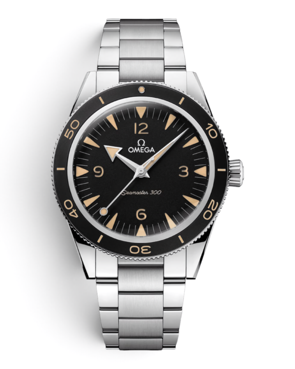 Omega Seamaster 300 Negro: esfera negra con números 12, 3, 6 y 9, bisel negro con escala beige y pulsera de eslabones
