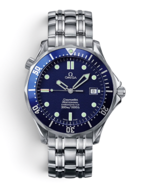 OM23 Omega Seamaster Professional Azul: esfera azul oscuro con patrón de olas, puntos luminosos, bisel azul y pulsera de eslabones