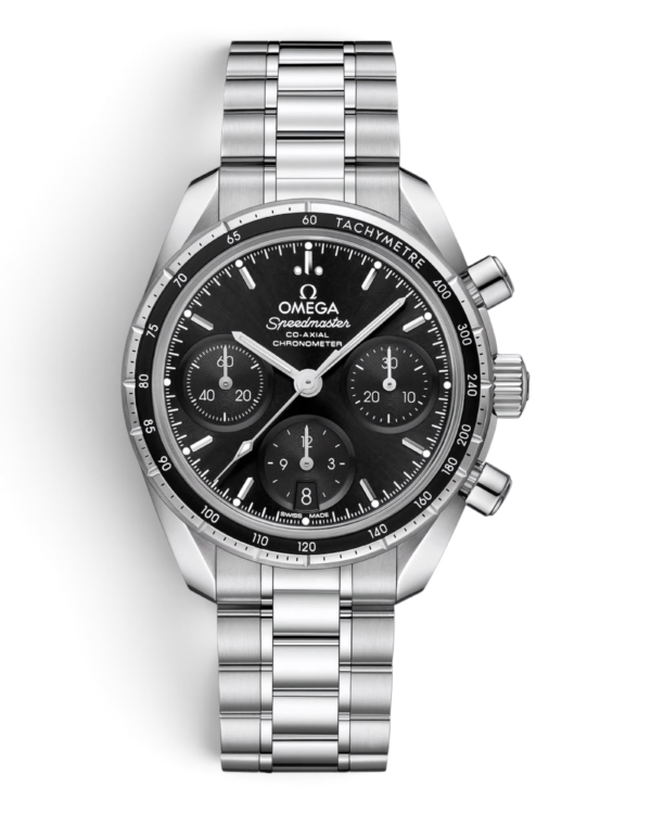 Omega Speedmaster 38 Negro: esfera negra con tres subesferas, bisel plateado con escala y pulsera de eslabones