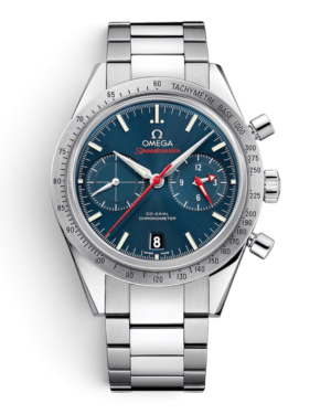 Omega Speedmaster 57 Azul: esfera azul con dos subesferas, aguja roja, aro plateado con escala y pulsera de eslabones
