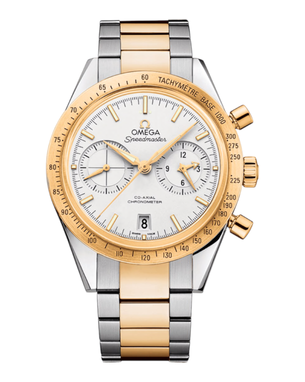 OM35 Omega Speedmaster 57 Dorado: esfera blanca con dos subesferas, escala dorada y pulsera bicolor