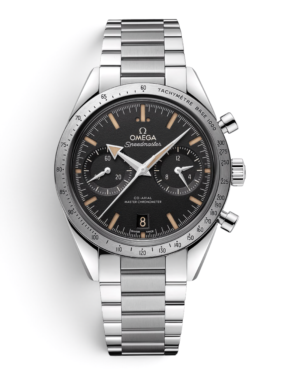 Omega Speedmaster 57 Negro: esfera negra con índices beige, dos subesferas, aro plateado con escala y pulsera de eslabones