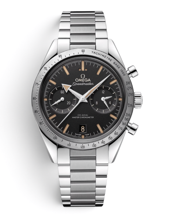 Omega Speedmaster 57 Negro: esfera negra con índices beige, dos subesferas, aro plateado con escala y pulsera de eslabones